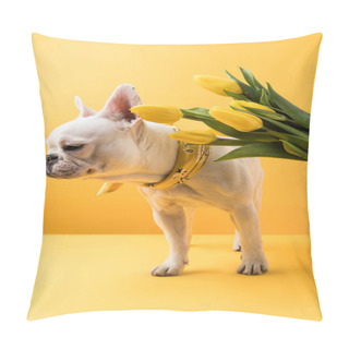 Personality  Cute French Bulldog And Beautiful Yellow Tulip Flowers On Yellow Pillow Covers