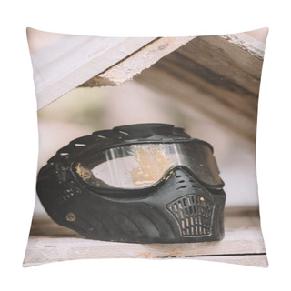 Personality  Selective Focus Of Protective Mask Covered By Paintball Splash Outdoors  Pillow Covers