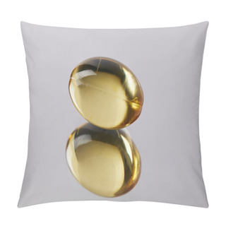 Personality  Close-up Shot Of Healthy Omega Fish Hat Supplement Capsule On Reflective Surface Pillow Covers