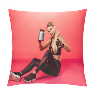 Personality  Attractive Sportswoman Sitting With Sport Supplement Jar On Red And Showing Thumb Up Pillow Covers