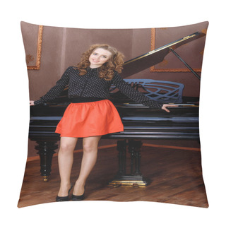 Personality  Young Woman Musician Standing In Front Of Grand Piano. Pillow Covers