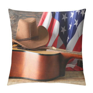 Personality  Cowboy Hat, Guitar And Flag Of USA On Wooden Background Pillow Covers