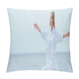 Personality  Panoramic Shot Of Attractive Girl Practicing Yoga And Standing With Outstretched Hands Pillow Covers