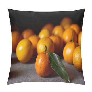 Personality  Selective Focus Of Orange Clementine With Green Leaf Near Tangerines On Grey Table Pillow Covers