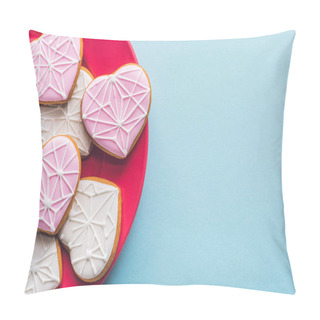Personality  Top View Of Glazed Heart Shaped Cookies On Pink Plate Isolated On Blue Pillow Covers