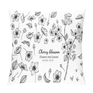 Personality  Collection Set Of Cherry Blossom Flower And Leaves Drawing. Pillow Covers