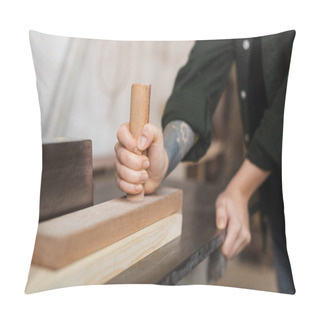 Personality  Cropped View Of Tattooed Craftswoman Working With Plank And Jointer Machine Pillow Covers