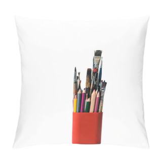 Personality  Pen Holder With Colorful Pencils And Paintbrushes Isolated On White Pillow Covers