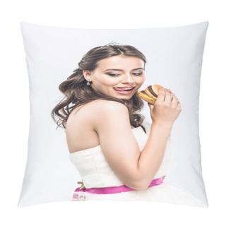 Personality  Hungry Young Bride In Wedding Dress With Burger In Hands Showing Tongue Isolated On White Pillow Covers