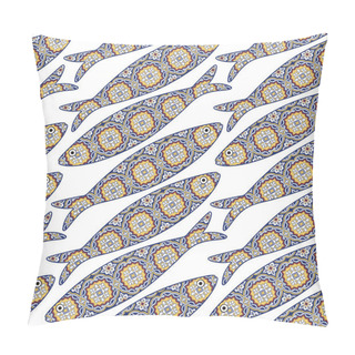 Personality  Traditional Portuguese Sardine And Azulejo Tiles Background. Seamless Pattern With Ornamental Fish. Fish Pattern In Abstract Style With Colorful Tiles. Pillow Covers