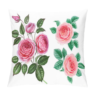 Personality  Pink And Purple Flowers. Watercolor Flowers. Peony Branch. Rose Branch. Leaves Isolated. Pillow Covers