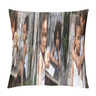 Personality  Collage Of Poor African American Kid Hugging Brother And Having Lesson Outside  Pillow Covers