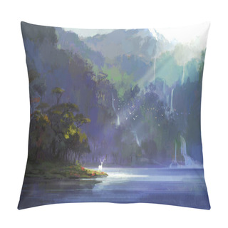 Personality  A Deer Stands By A Secluded Lake, Digital Illustration. Pillow Covers