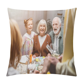 Personality  Cheerful Senior Couple Smiling Near Granddaughter And Family On Blurred Foreground Pillow Covers