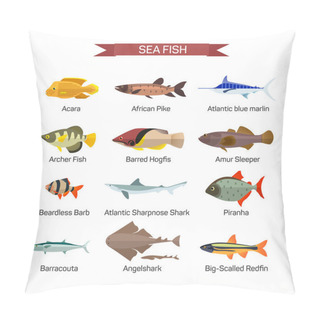 Personality  Fish Vector Set In Flat Style Design. Ocean, Sea And River Fishes Icons Collection Pillow Covers