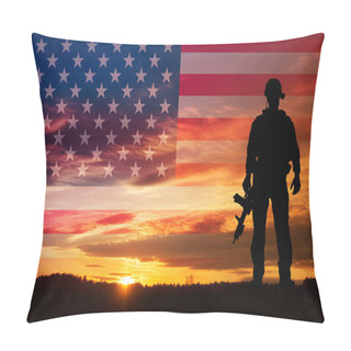 Personality  Silhouette Of A Soldiers Against The Sunrise And Flag USA. Concept - Protection, Patriotism, Honor. Banner For Your Design. Pillow Covers