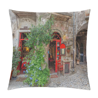 Personality  Calcata, Lazio, Italy - September 9, 2017: Small Local Two-door Red With A Vine Between The Two Doors Pillow Covers