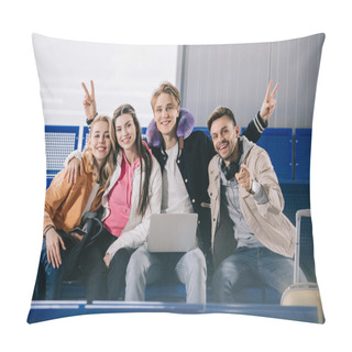 Personality  Happy Young Friends Smiling At Camera While Waiting For Flight In Airport Terminal   Pillow Covers
