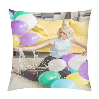 Personality  Young Attractive Woman In Party Hat Siting On Floor With Colorful Balloons  Pillow Covers