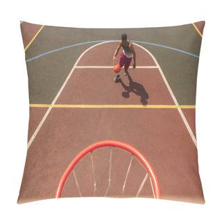 Personality  Young Professional Basketball Player With Ball Running Down Court While Going To Throw Ball In Basket Pillow Covers