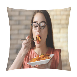 Personality  Young Woman Eating Delicious Pasta Indoors Pillow Covers