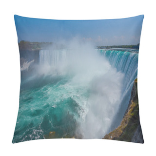 Personality  Mighty Niagara River Roars Over The Edge Of The Horseshoe Falls In Niagara Falls Ontario.  Misty Foggy Spray Rises Up. Pillow Covers