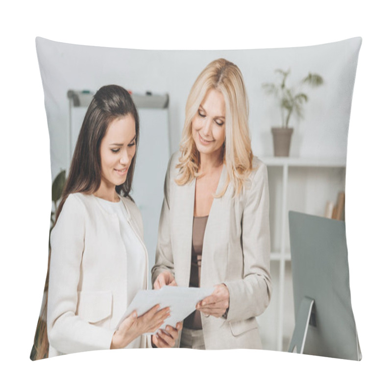 Personality  Beautiful Smiling Businesswomen Standing Together And Discussing Papers In Office Pillow Covers