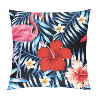 Personality  Hibiscus Flamingo Plumeria Palm Leaves Blue Pattern Pillow Covers