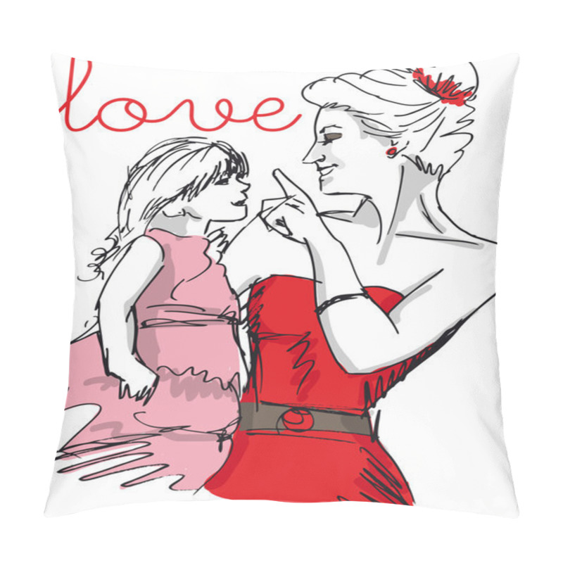 Personality  Sketch of little girl having fun with her beautiful mother. Vect pillow covers