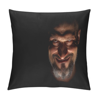 Personality   Face With A Bearded Man Grimace Against A Dark Background With Sharp Shadows. Comedic, Fabulous Villain Or Negative Character Conception With Copy Space. Pillow Covers
