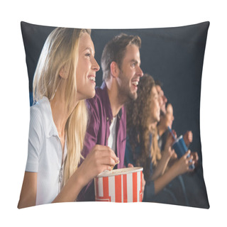 Personality  Cheerful Friends With Popcorn Watching Film Together In Movie Theater Pillow Covers