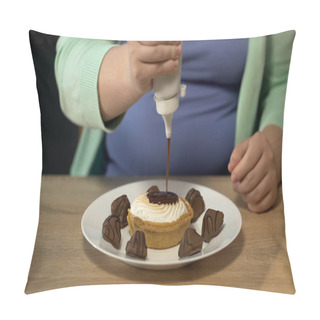 Personality  Overweight Female Pouring Lots Of Chocolate Dressing Over Pastry, Obesity Issue Pillow Covers
