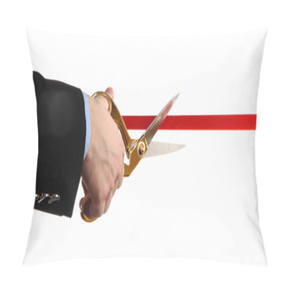Personality  Man's Hand Cutting Red Ribbon With Pair Of Scissors Isolated On White Pillow Covers