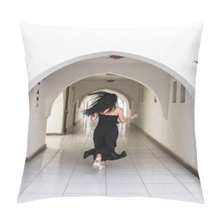Personality  Back View Of Young Woman Running At Corridor  Pillow Covers