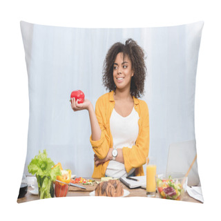 Personality  Beautiful Young Woman With Various Food And Working Supplies On Table Working At Home Pillow Covers