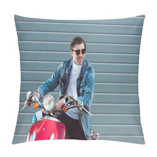 Personality  Happy Young Man In Denim Jacket On Vintage Red Scooter Looking Away Pillow Covers
