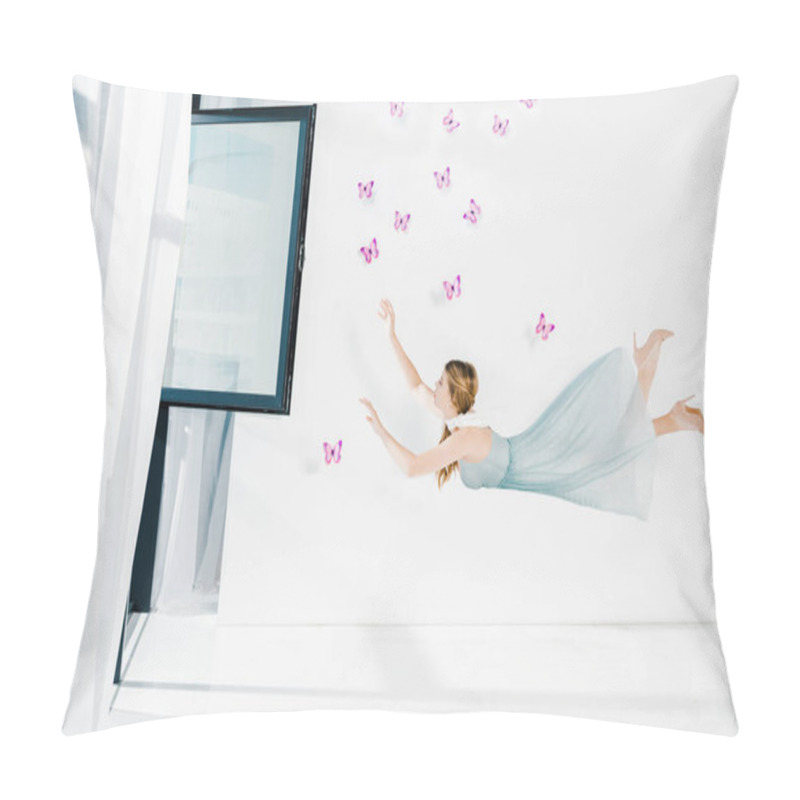 Personality  Floating Girl In Blue Dress Raised Hands Near Window Pillow Covers