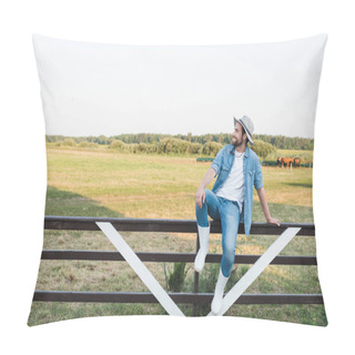 Personality  Full Length View Of Farmer In Denim Clothes And Brim Hat Sitting On Wooden Fence On Farmland Pillow Covers