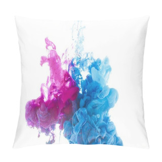 Personality  Mixing Of Blue And Pink Paint Splashes Isolated On White Pillow Covers