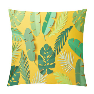 Personality  Top View Of Paper Cut Green Palm Leaves On Yellow Background, Seamless Pattern Pillow Covers