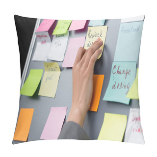 Personality  Cropped View Of Businesswoman Applying Sticky Note With Lettering On Board Pillow Covers