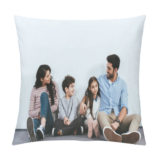 Personality  Cheerful Hispanic Family Sitting On Floor Near White Wall  Pillow Covers