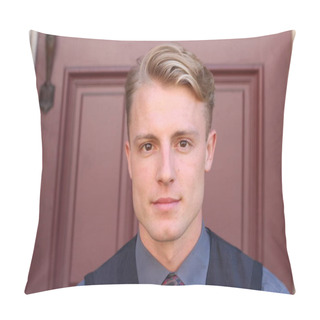 Personality  English Gentleman Beauty Concept. Portrait Of Young And Handsome Man Posing Outdoors Pillow Covers