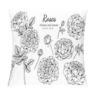 Personality  Collection Set Of Rose Flower And Leaves Drawing Illustration. Pillow Covers
