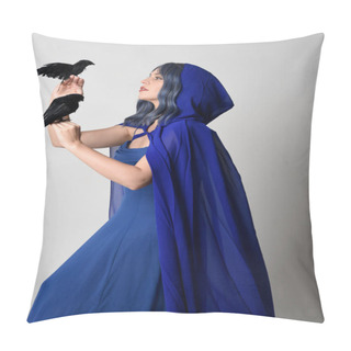 Personality  Close Up Portrait Of Beautiful Female Model Wearing Elegant Fantasy Blue Ball Gown, Flowing Cape With Hooded Cloak. Holding A Fake Black Bird. Isolated On White Studio  Pillow Covers