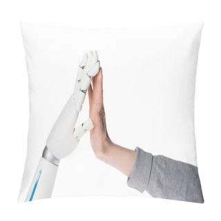 Personality  Cropped Shot Of Robot And Human Making High Five Isolated On White Pillow Covers