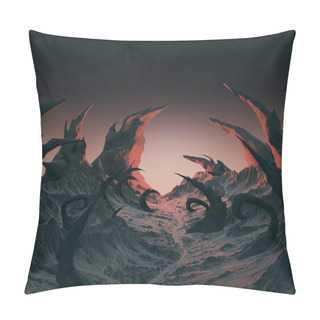 Personality  3d Rendering Of Horror Landscape. Dry Twisted Spines, Spikes Sticking Out Of The Dry Stone Ground. Evil Demonic Planet Background For Halloween Poster.  Pillow Covers
