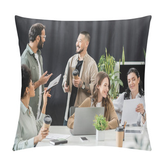 Personality  Cheerful Multiethnic Business Team Generating Ideas And Discussing Startup Project In Coworking Pillow Covers