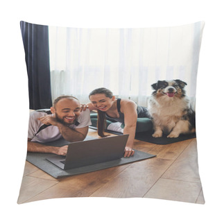 Personality  Laughing Couple In Sportswear Using Laptop Together On Fitness Mats Near Border Collie Dog At Home Pillow Covers