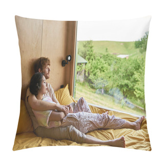 Personality  Multicultural Couple Cuddling And Enjoying View From Window With Green Trees, Country House Pillow Covers
